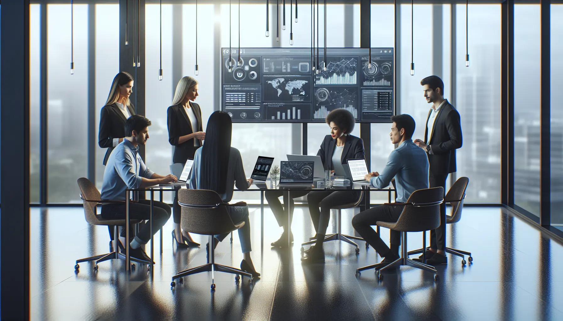 team analyzing digital data in a modern office setting.