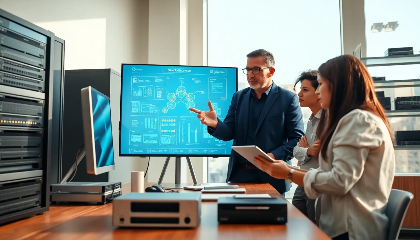 A diverse team discussing computer hardware in a modern office environment.