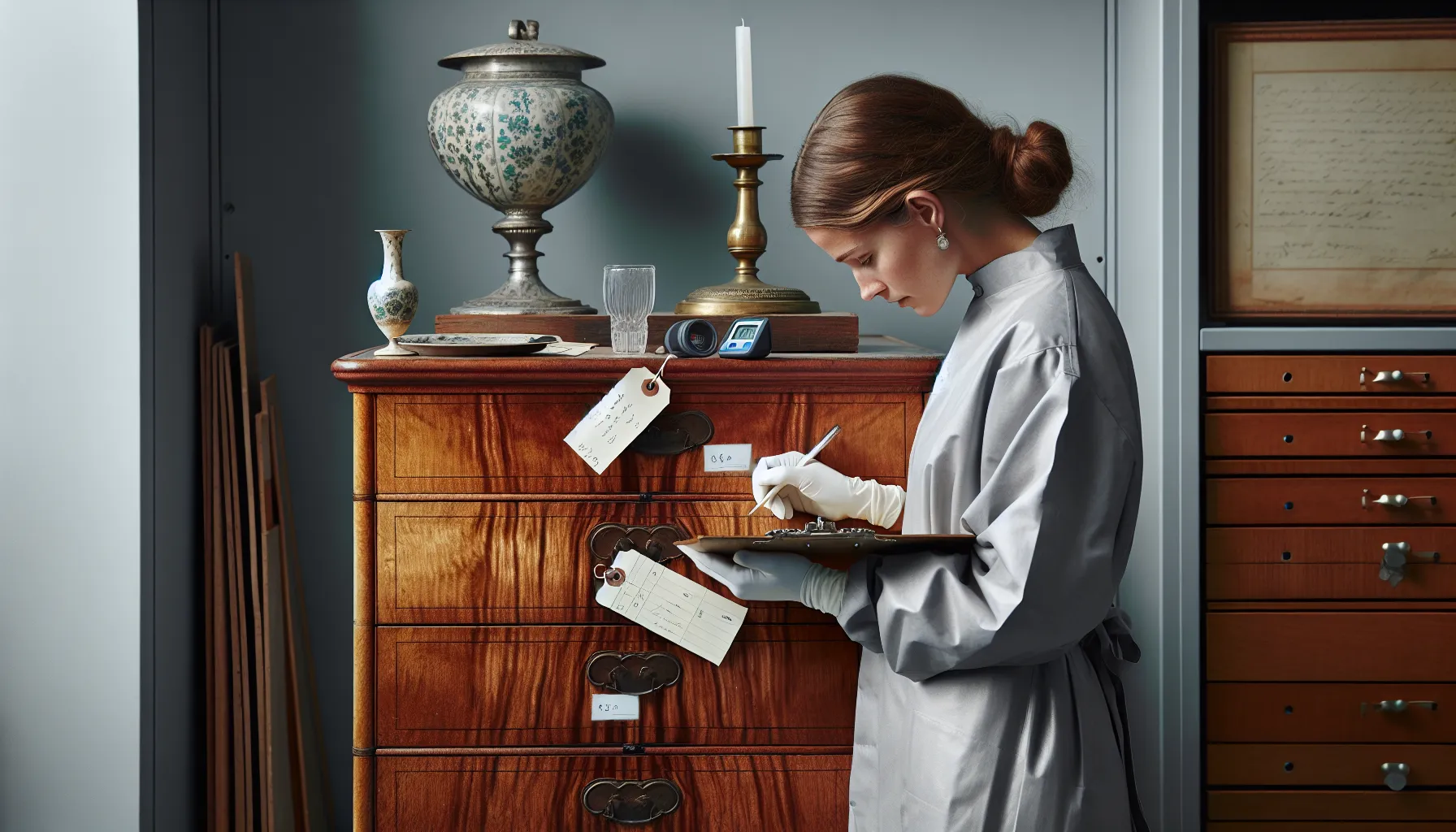 Hvordan lagre antikviteter trygt og sikkert 1 Conservator assesses mahogany chest with hygrometer amid antiques in secure storage.