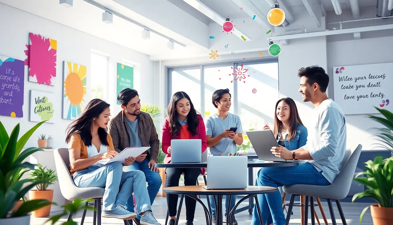 diverse group collaborating in a vibrant, modern workspace.