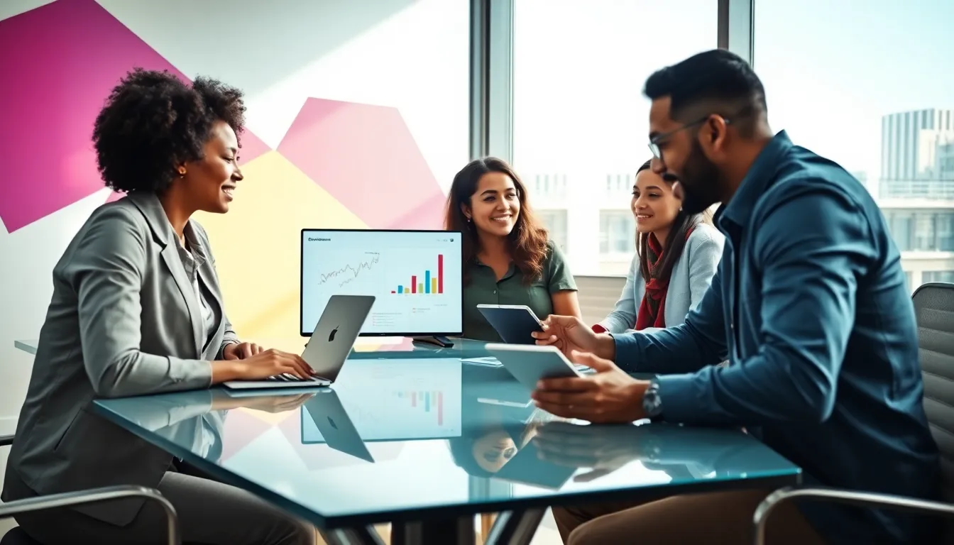 diverse team collaborating with technology in a modern office.