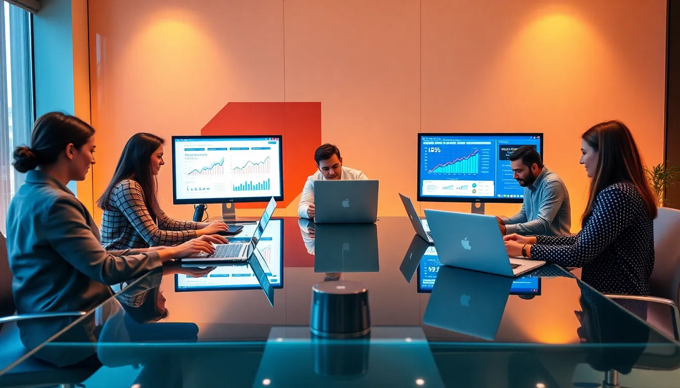 diverse team collaborating on digital marketing strategies in a modern office.