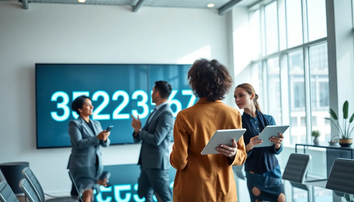 diverse team discussing data in a modern office.