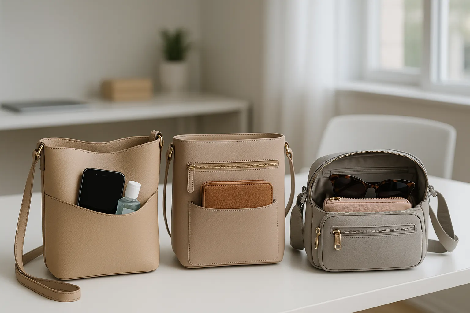Three affordable crossbody work bags for women on an office desk.