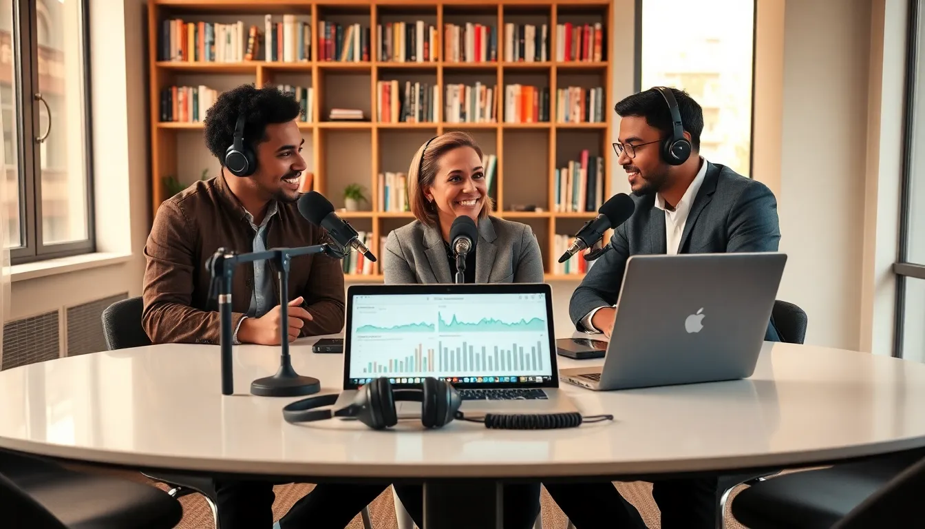diverse team discussing podcasting strategies in a modern office.