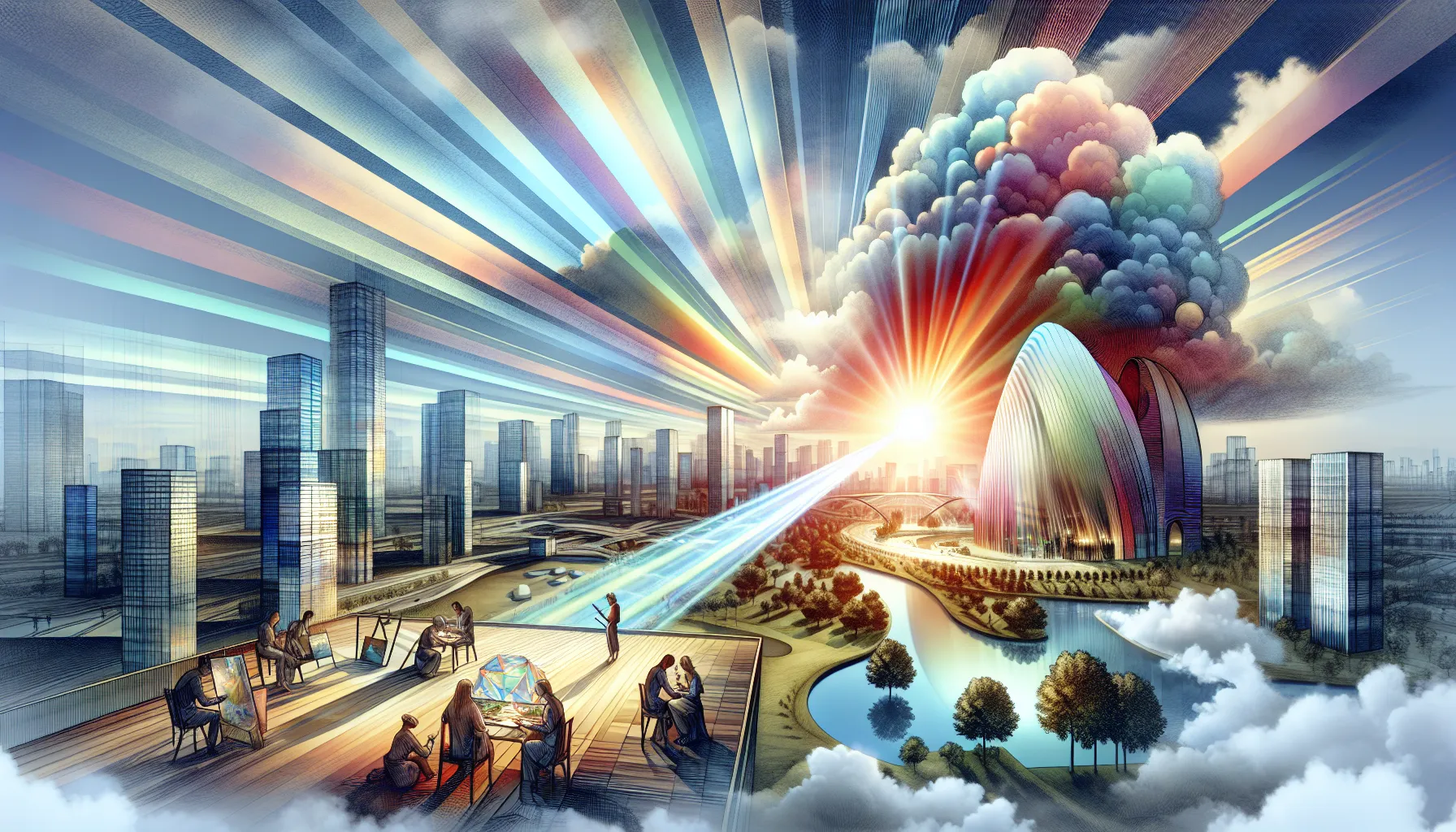 vibrant sunlight breaking through clouds over a modern cityscape.