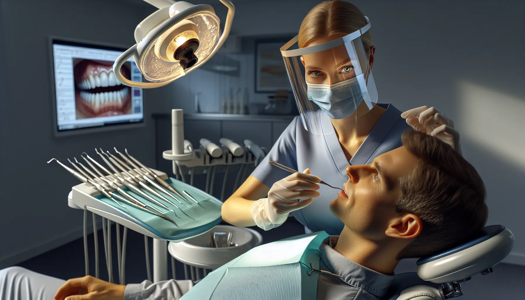 Dentist in a norwegian clinic performing a preventive dental cleaning and check-up.