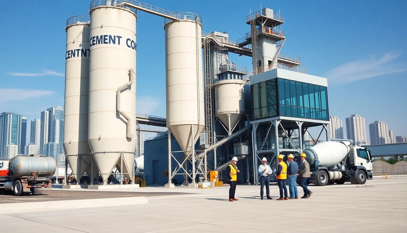 Modern concrete batching plant with engineers in safety gear on site.