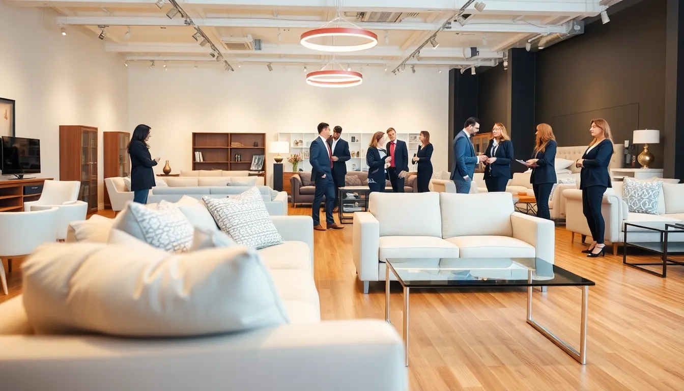 diverse team discussing furniture in a modern showroom.
