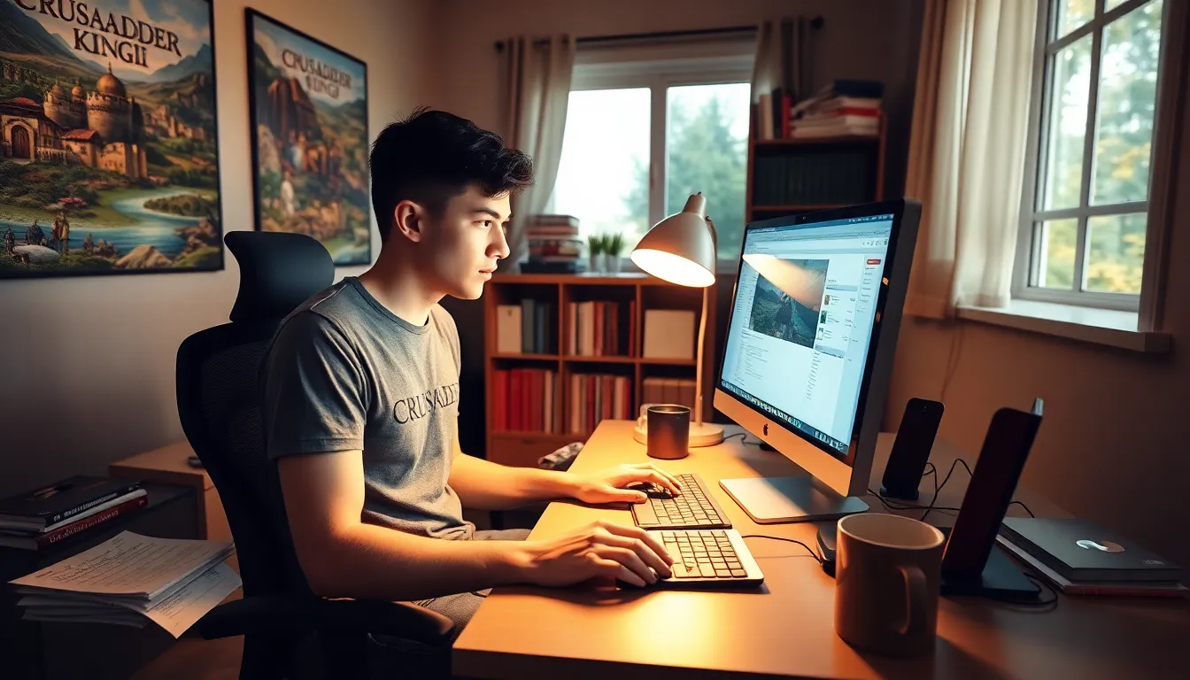 a gamer creating narratives on CK2Generator in a cozy home office.