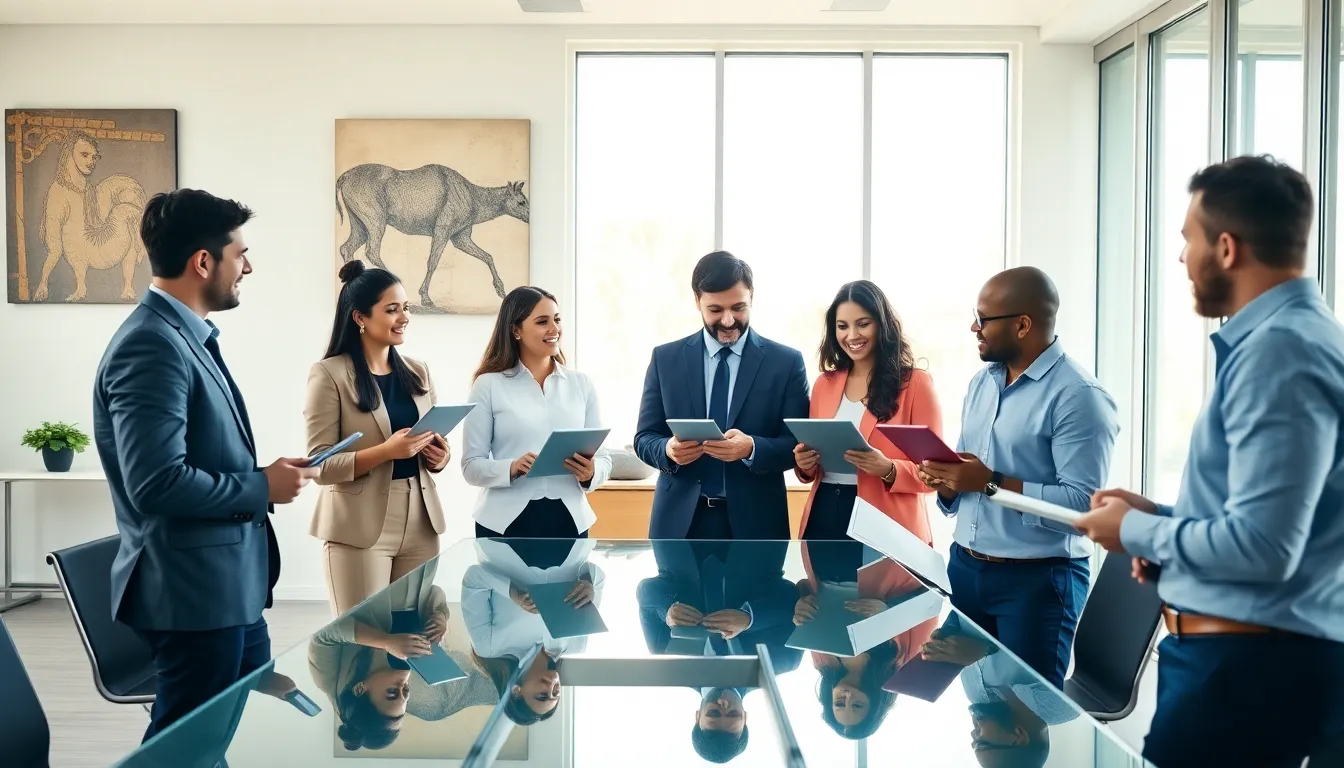 diverse professionals discussing ideas in a modern office.