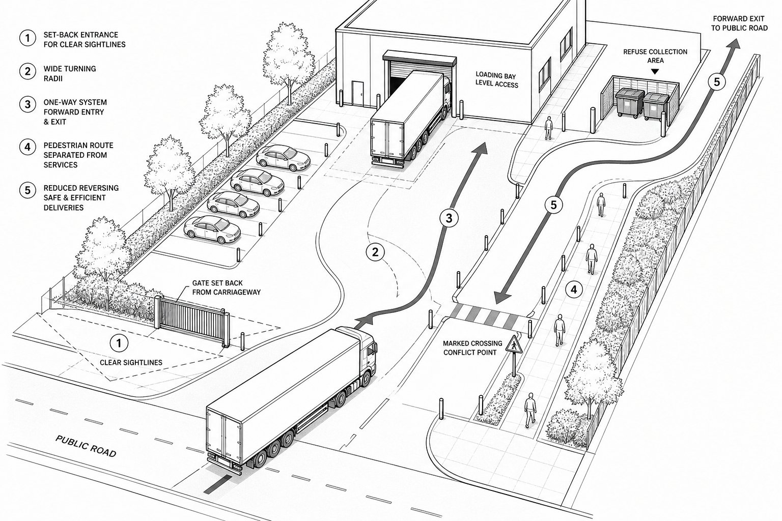 delivery lorry navigating a safe site entrance, service yard, and loading bay