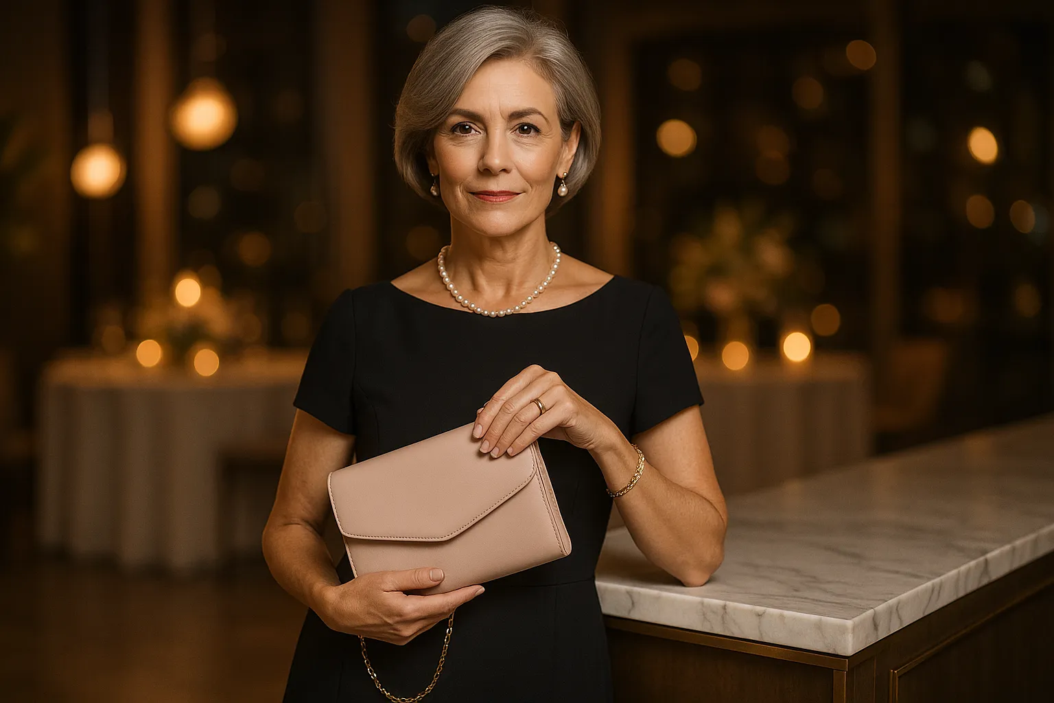 Elegant woman over 50 holding a leather clutch at a stylish evening event.