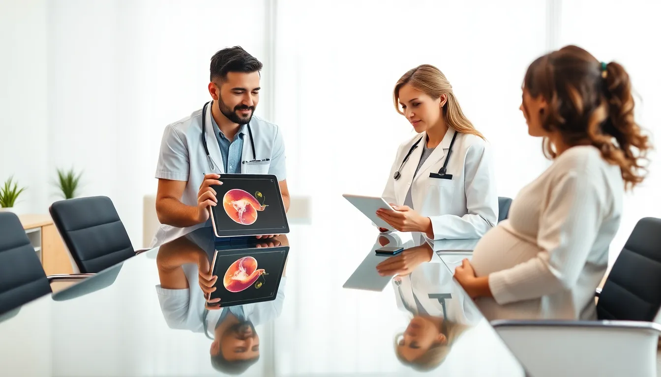 diverse healthcare team discussing pregnancy understanding in a modern office.