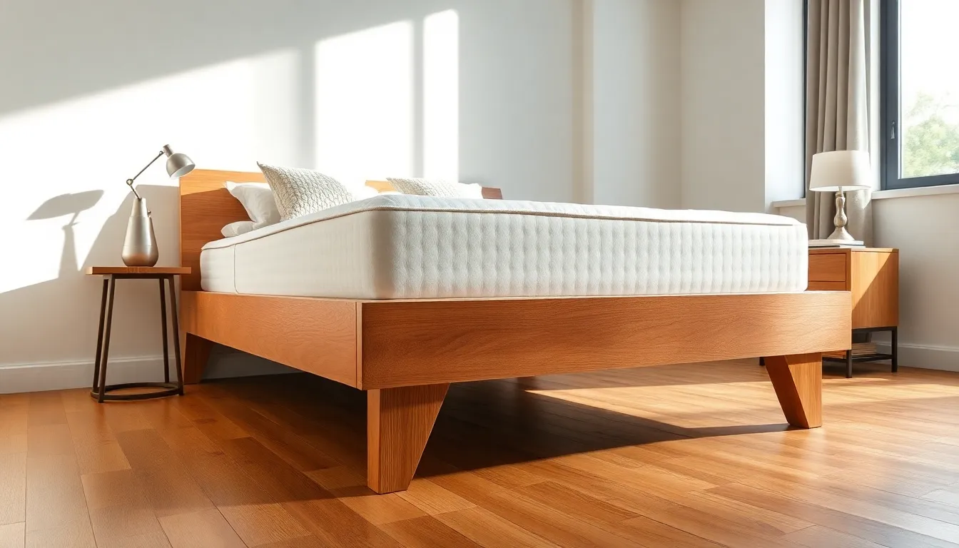 A sturdy wooden bed in a well-lit modern bedroom.