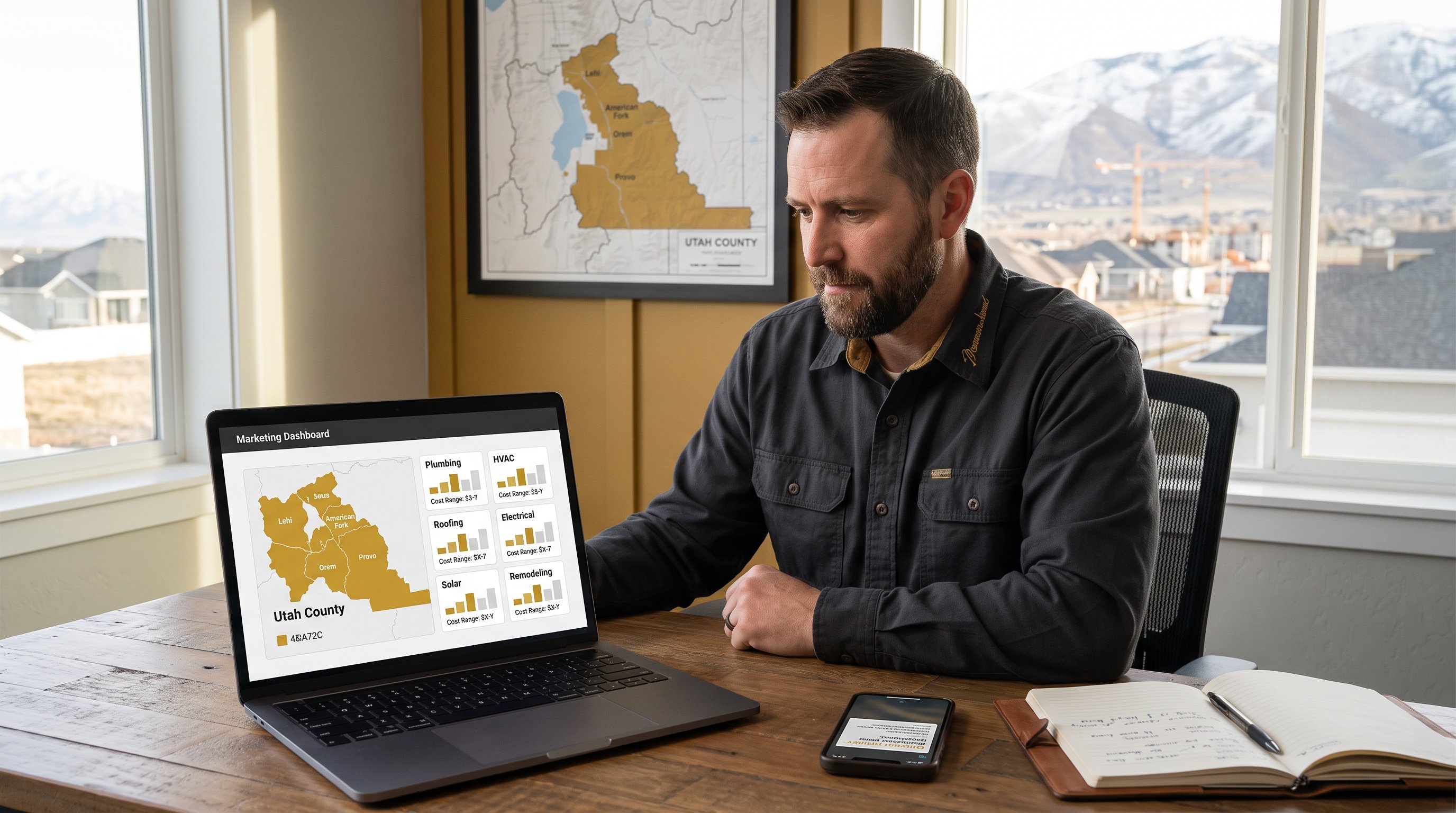 Utah County contractor reviewing exclusive trade lead costs on a laptop