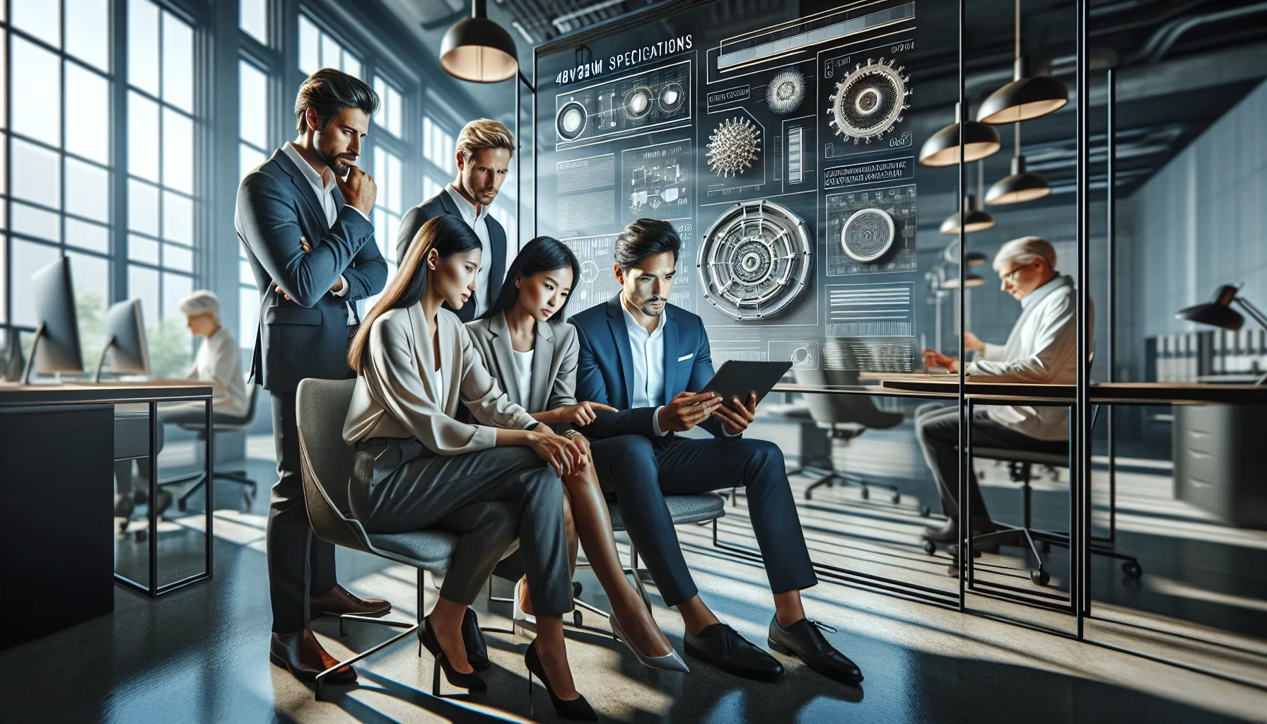 diverse team reviewing 4BV085 technical specifications in a modern office.