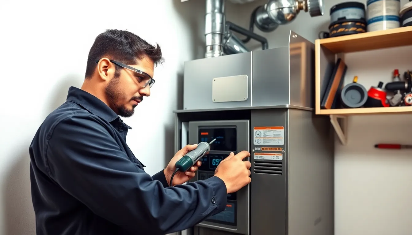 Technician performing maintenance on a home furnace in a clean utility room.