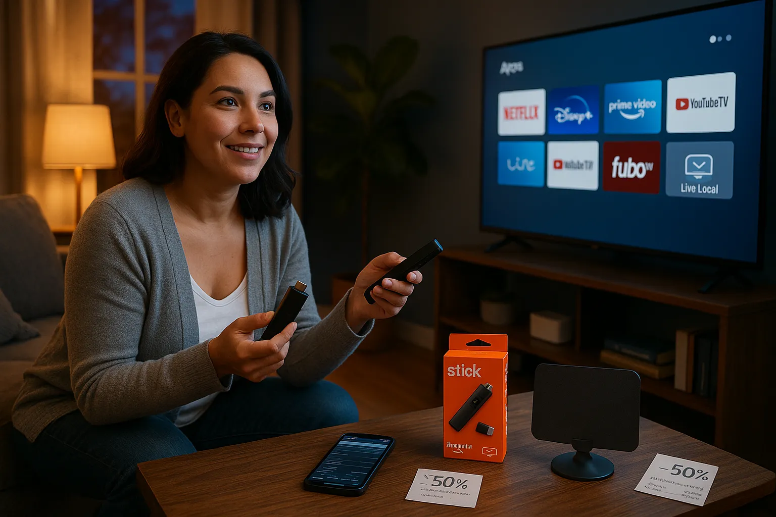 Person setting up a streaming stick and antenna in a cozy living room.