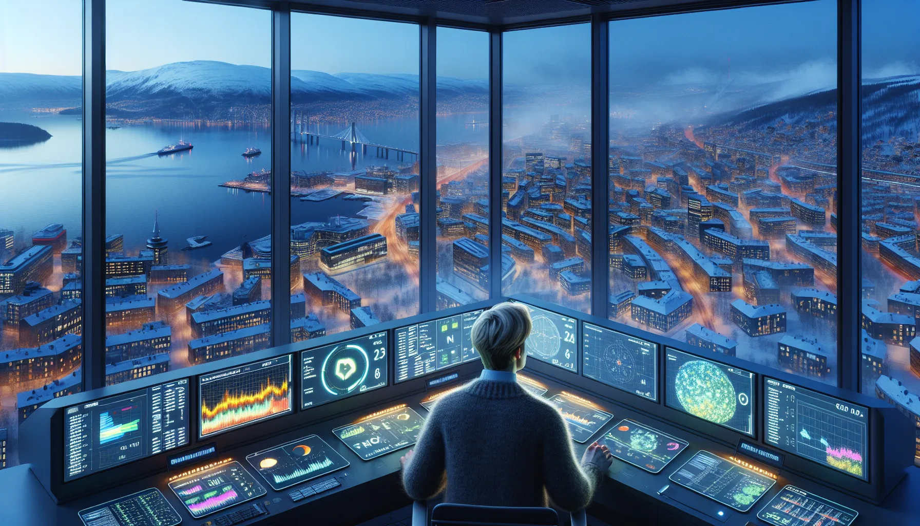 Norwegian scientist analyzes satellite air quality maps of oslo in a modern lab.