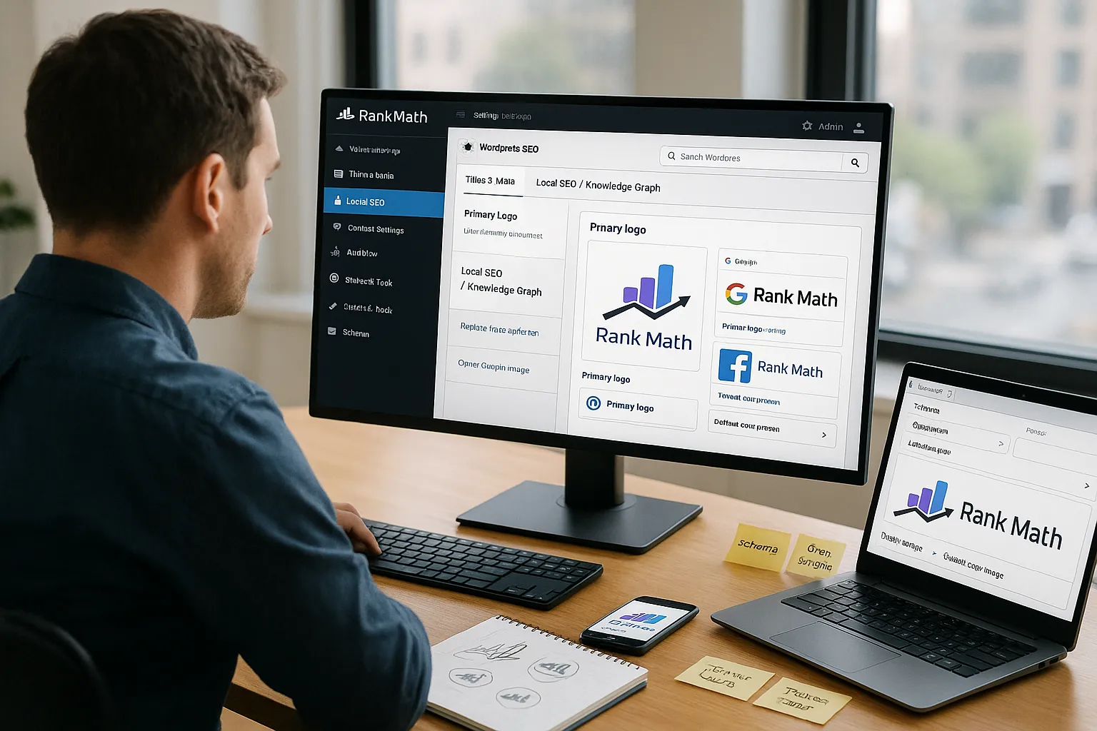 Marketer configuring a Rank Math SEO logo shown across search and social previews.