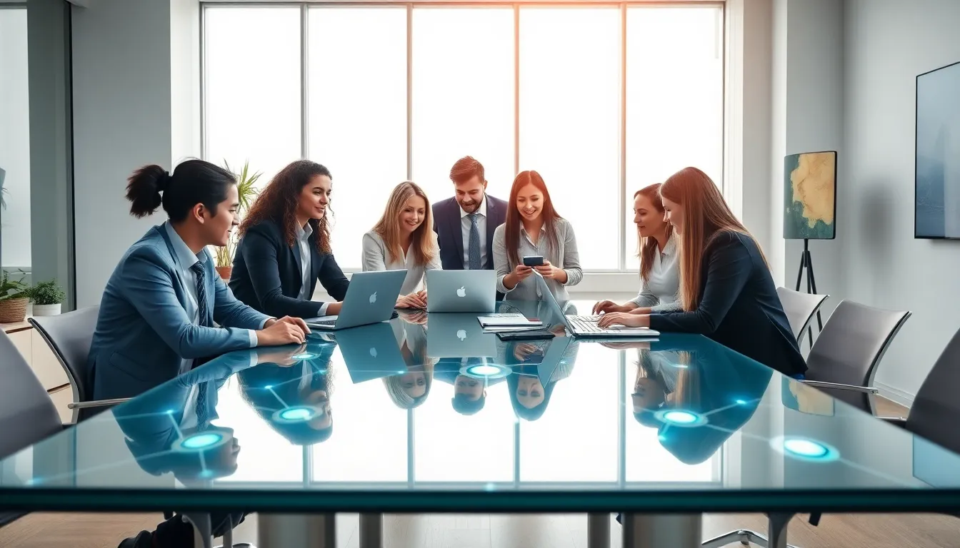 diverse tech team collaborating in a bright, modern office.