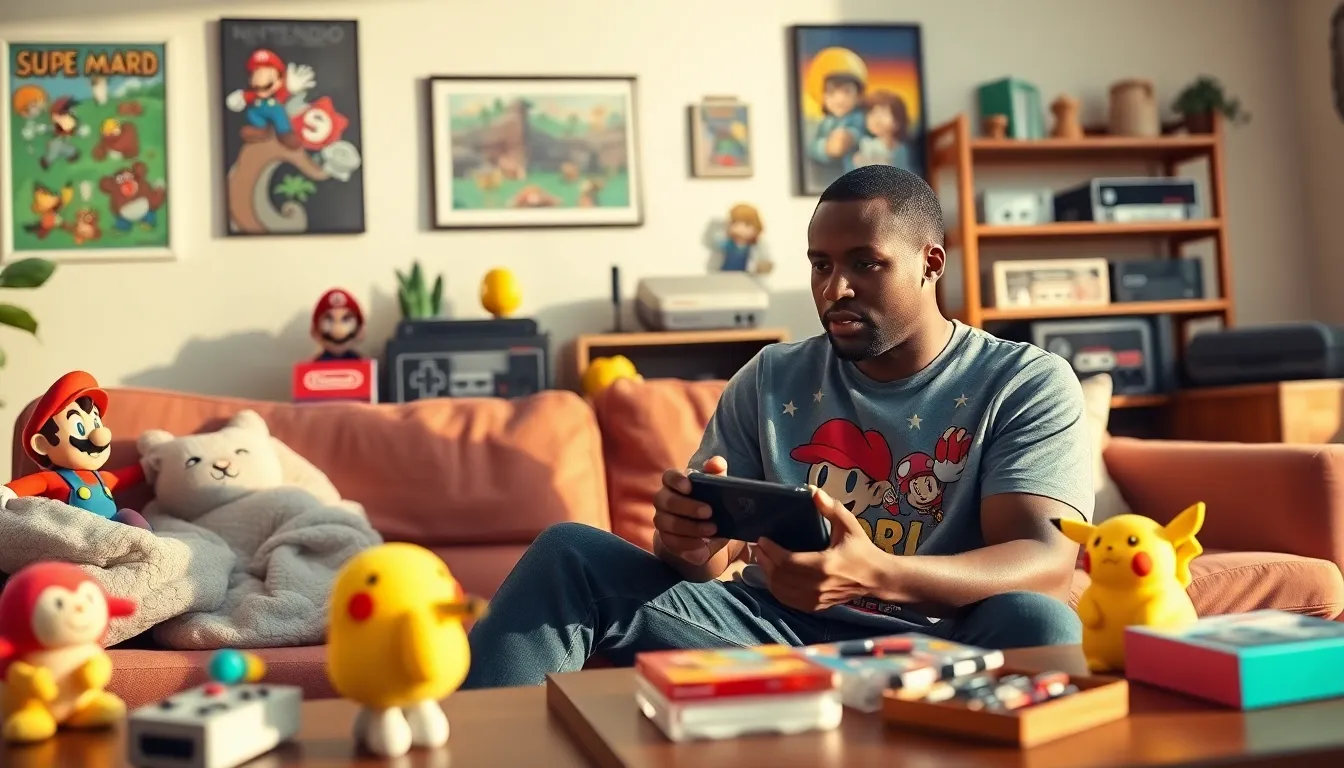 a young man playing Nintendo Switch in a nostalgic game-themed living room.