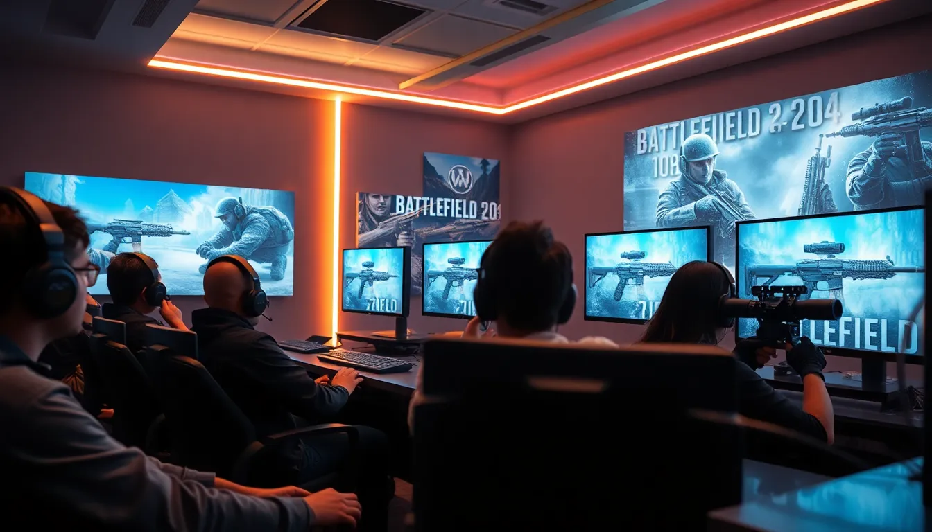 Players in a modern gaming setup focused on Battlefield 2042 weapons.