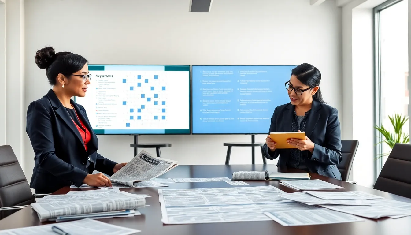 diverse team collaborating on crossword puzzles in a modern office.