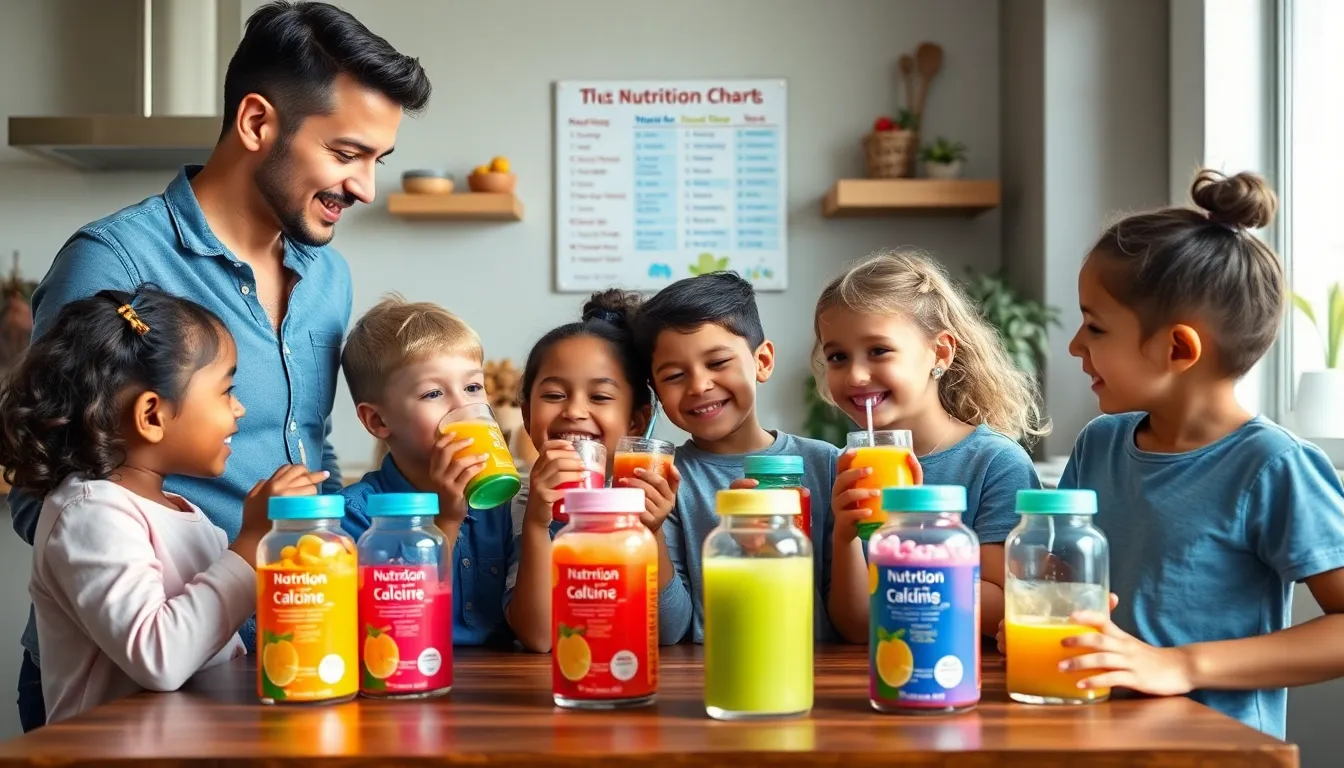 children enjoying nutrition drinks in a bright kitchen.