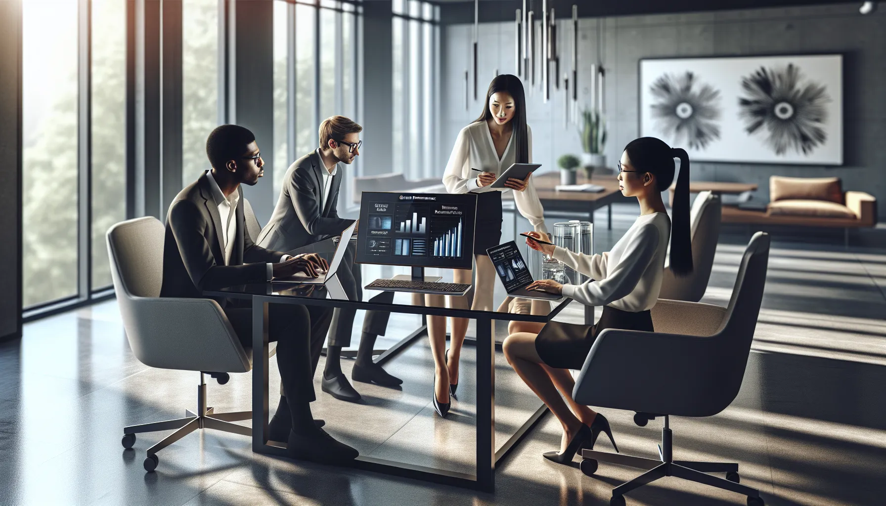 professionals collaborating on troubleshooting a Doayods PC in a modern office.