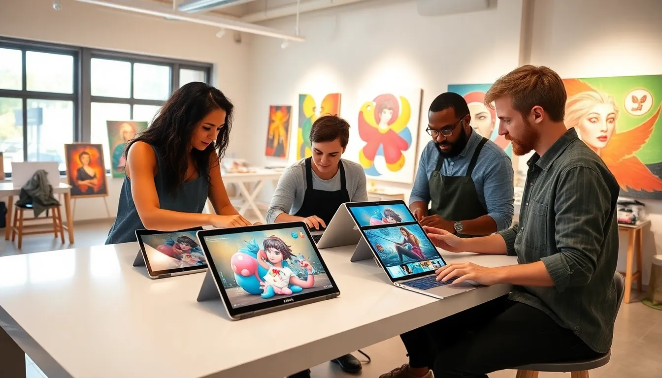 diverse artists collaborating on digital art projects in a modern studio.