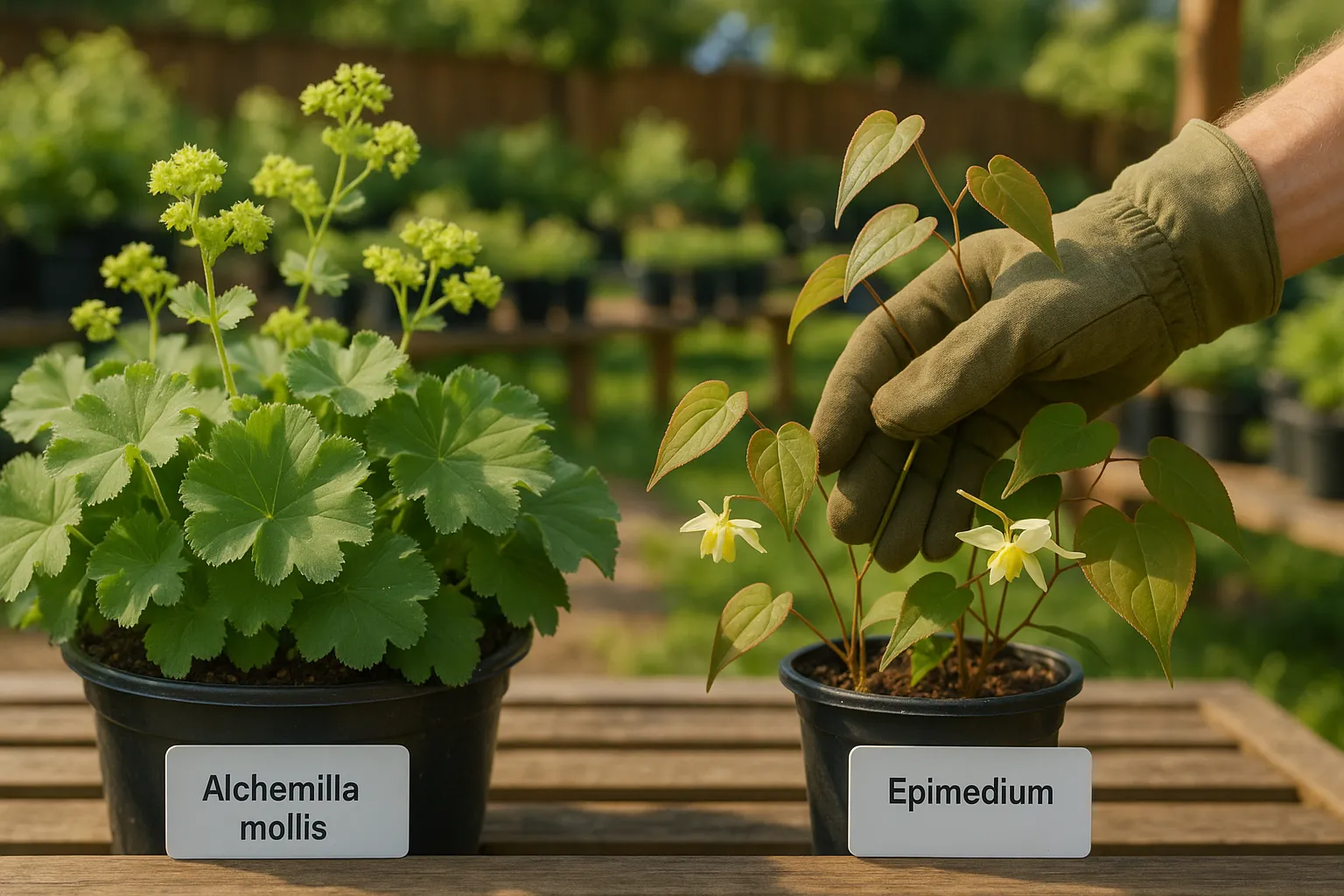 Side-by-side close-up of Alchemilla mollis and Epimedium for comparison.