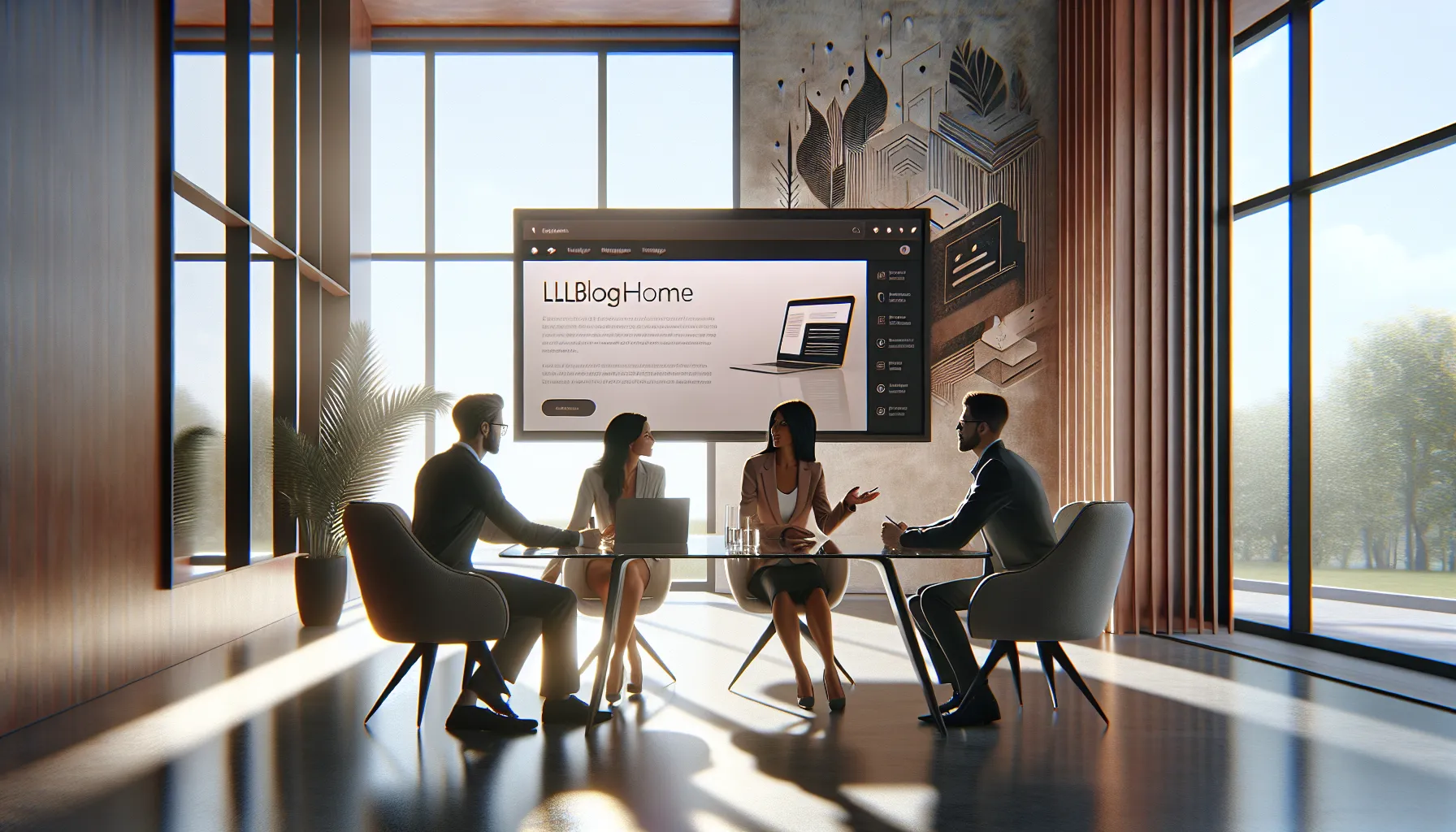 professionals collaborating on the LLBlogHome blogging platform in a modern office.