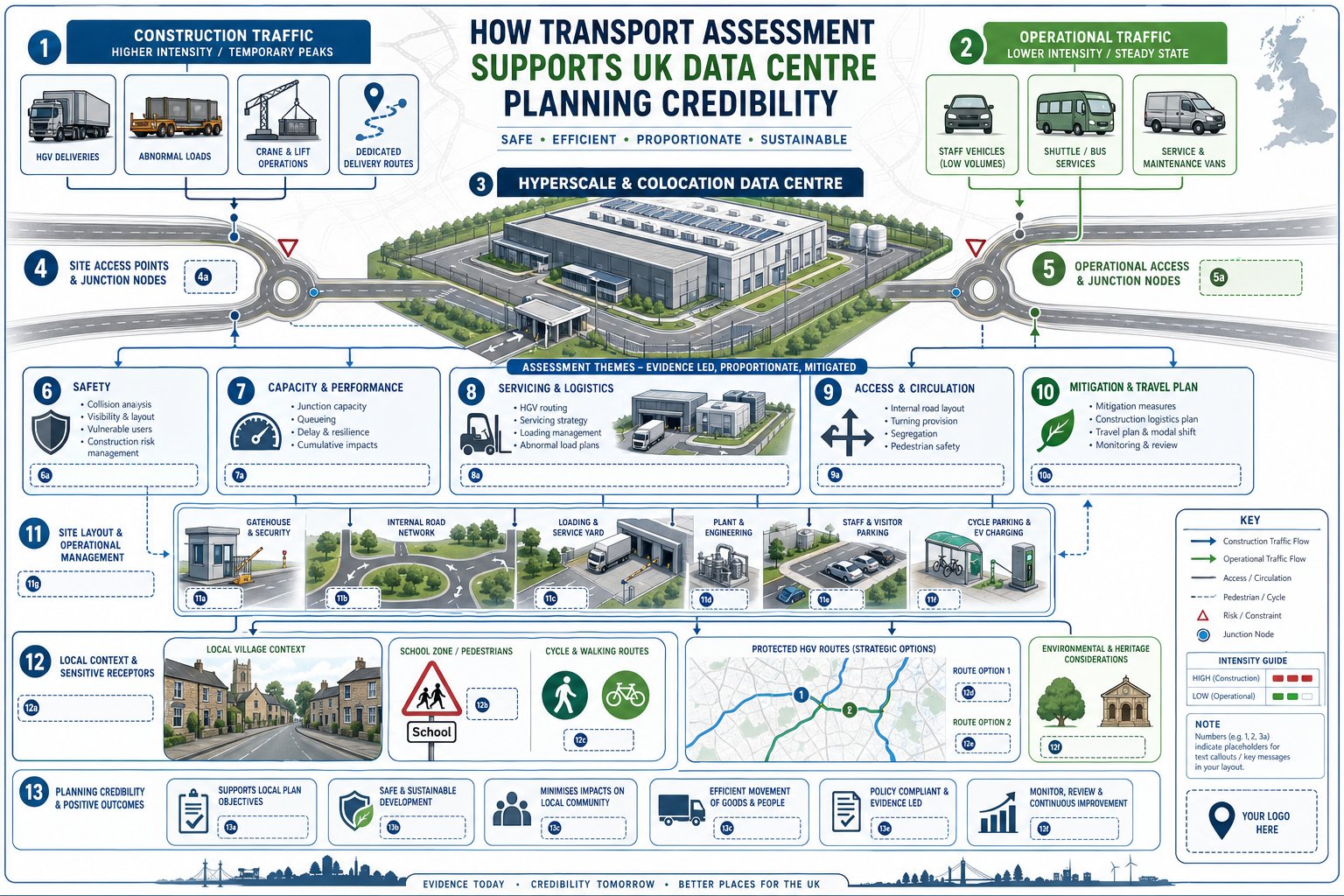 UK data centre transport assessment infographic showing traffic impacts, access, and mitigation.