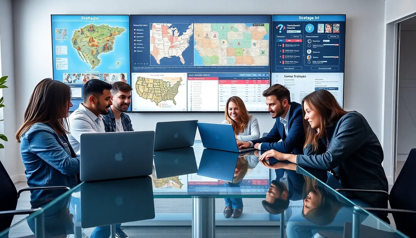diverse team collaborating on gaming strategies in a modern office.