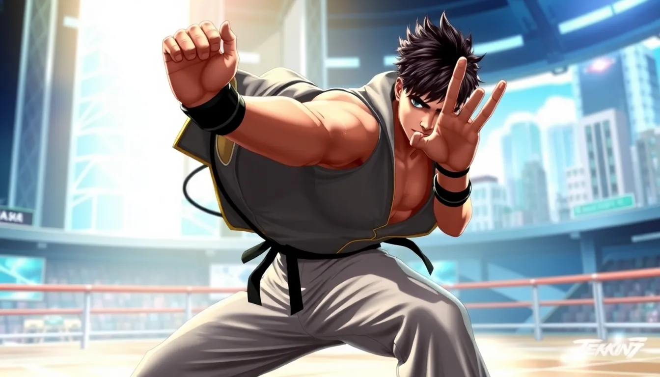Leo from Tekken 8 in an action stance in a futuristic arena.
