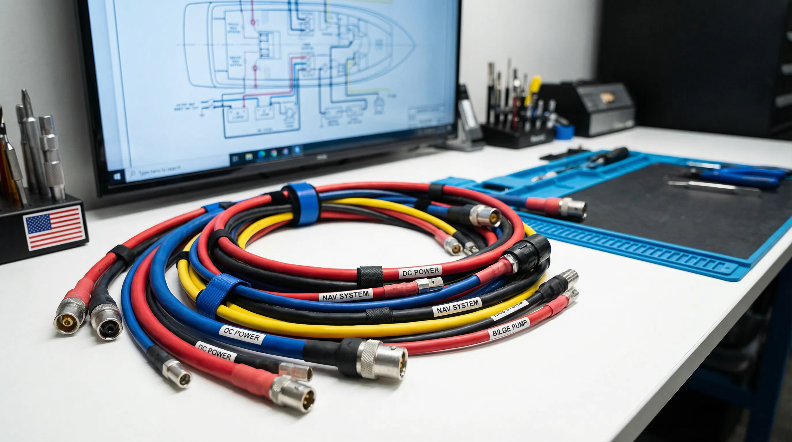Modern marine wire harness on a workbench in a professional setting.
