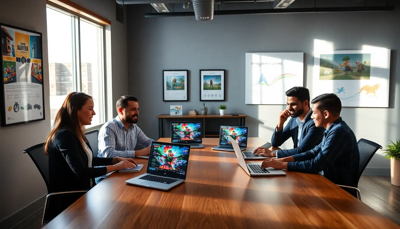 diverse team collaborating on game development in a modern office.