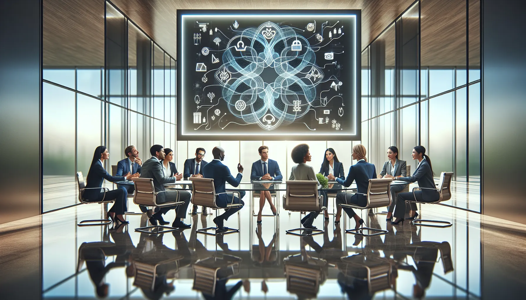 diverse team discussing in a modern conference room.