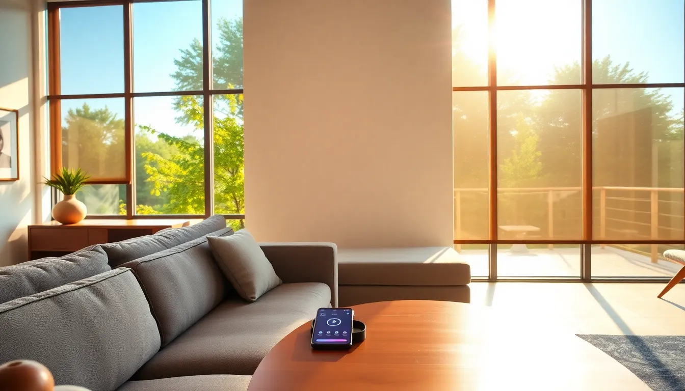 a modern living room with smart blinds controlling sunlight.
