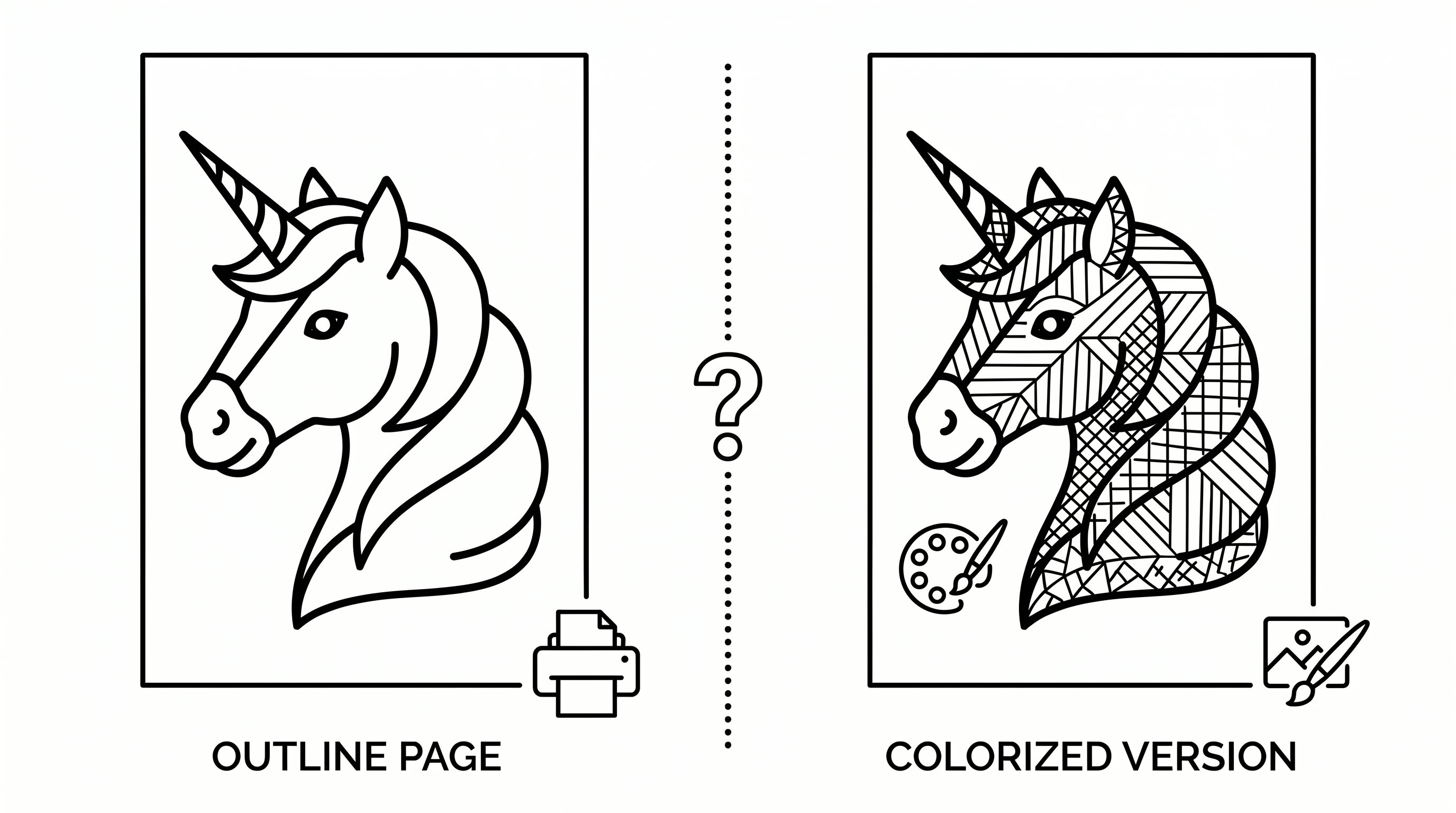 Printable unicorn outline compared with a colorized unicorn image.