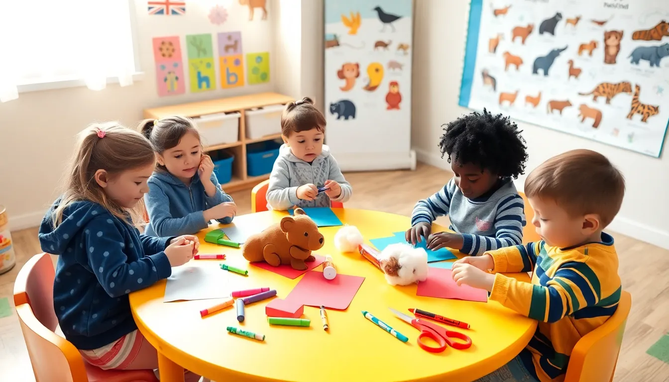Children crafting hibernation-themed art in a colorful classroom.