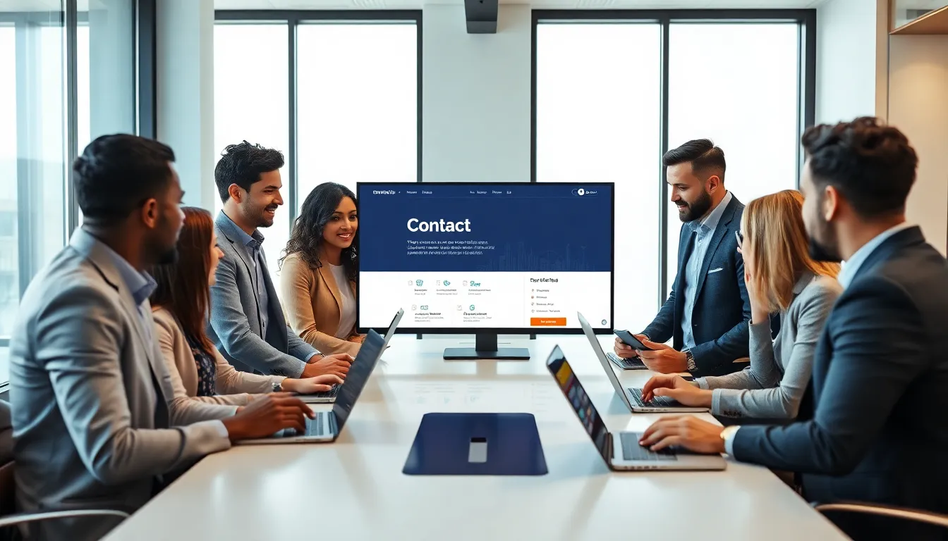 diverse team discussing a well-designed contact page in a modern office.