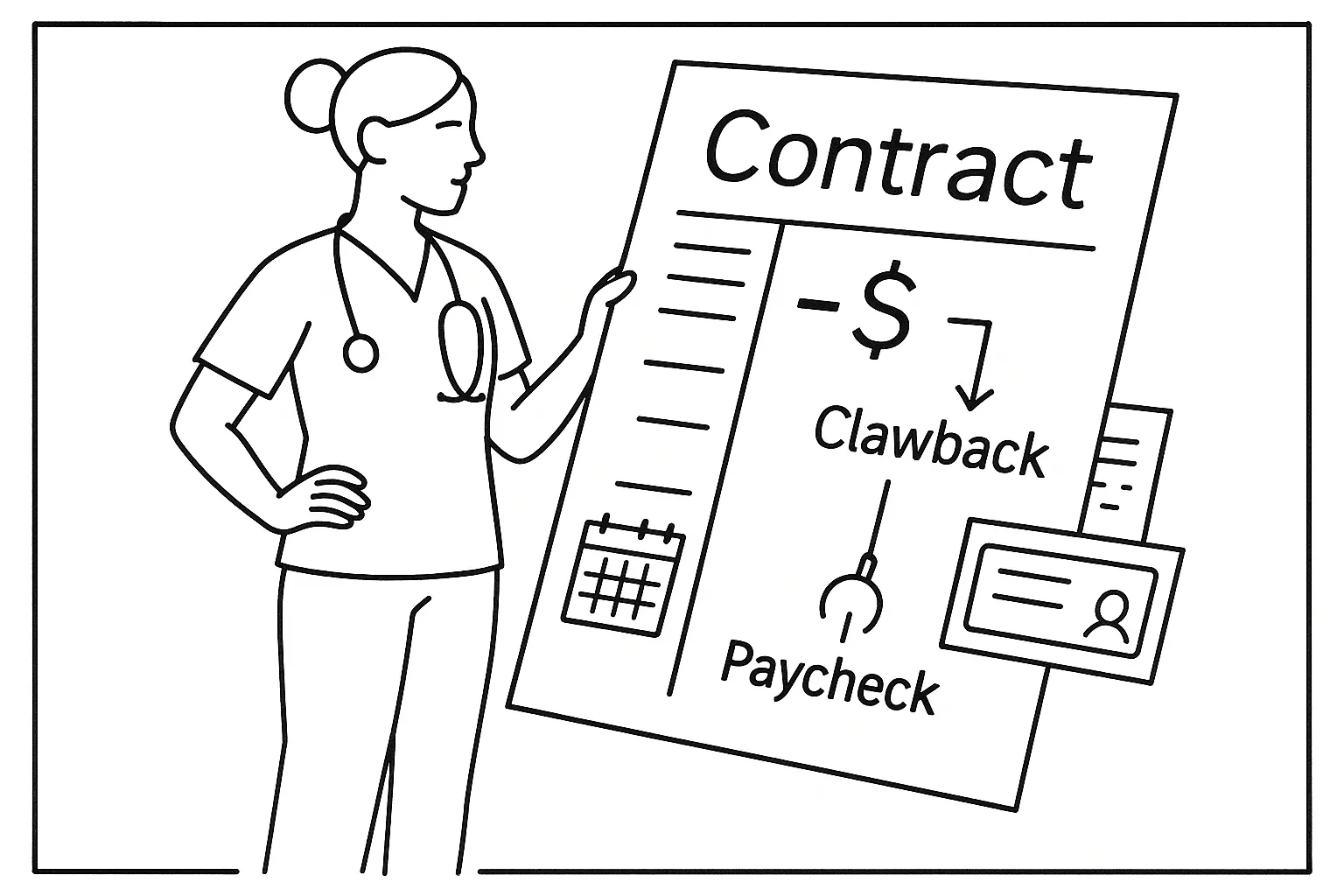 Nurse practitioner holding a contract showing a negative balance and a clawback toward a paycheck.