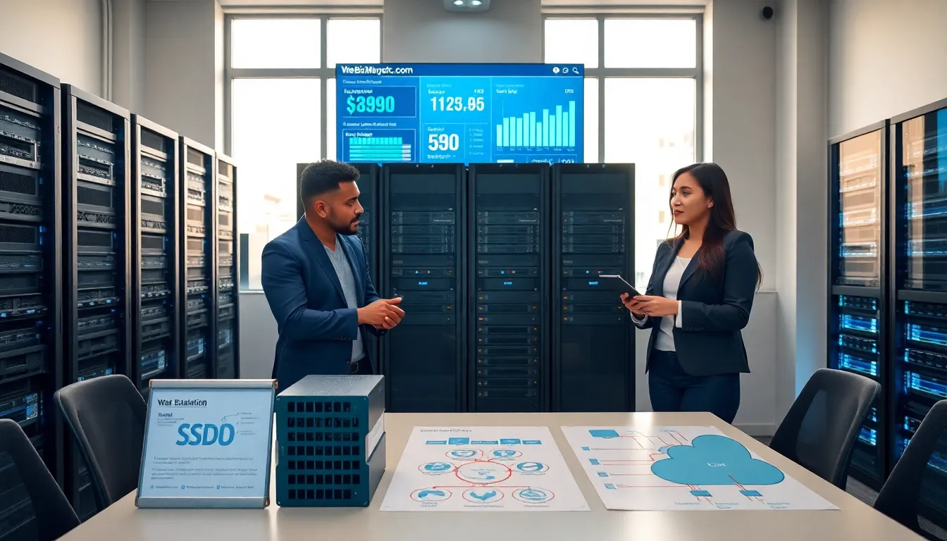 team examining high-performance servers in a modern office.