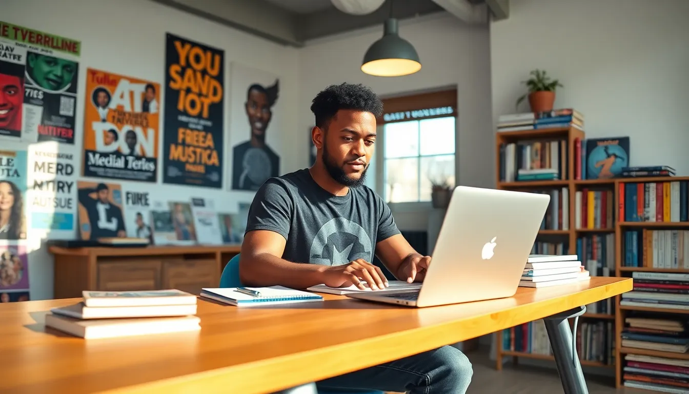 James Gussie working in a creative workspace for Redwebzine.