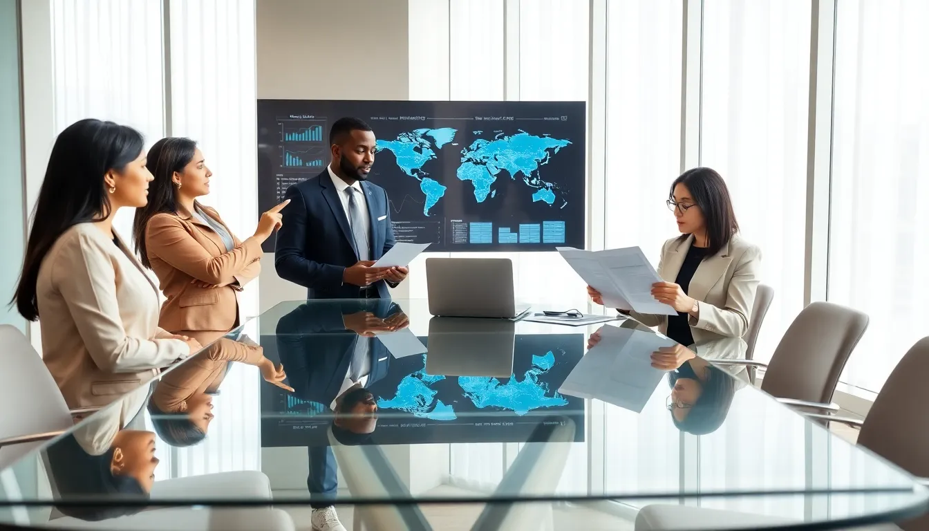 diverse team analyzing data in a modern office.