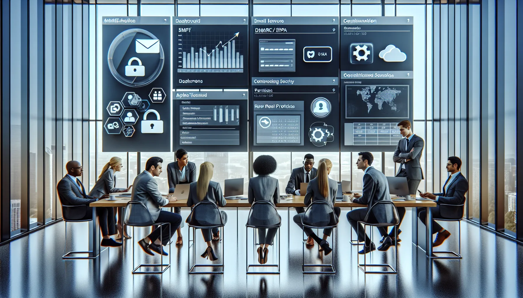 Team configuring Tableau scheduled email reports with SMTP and security settings on screens.