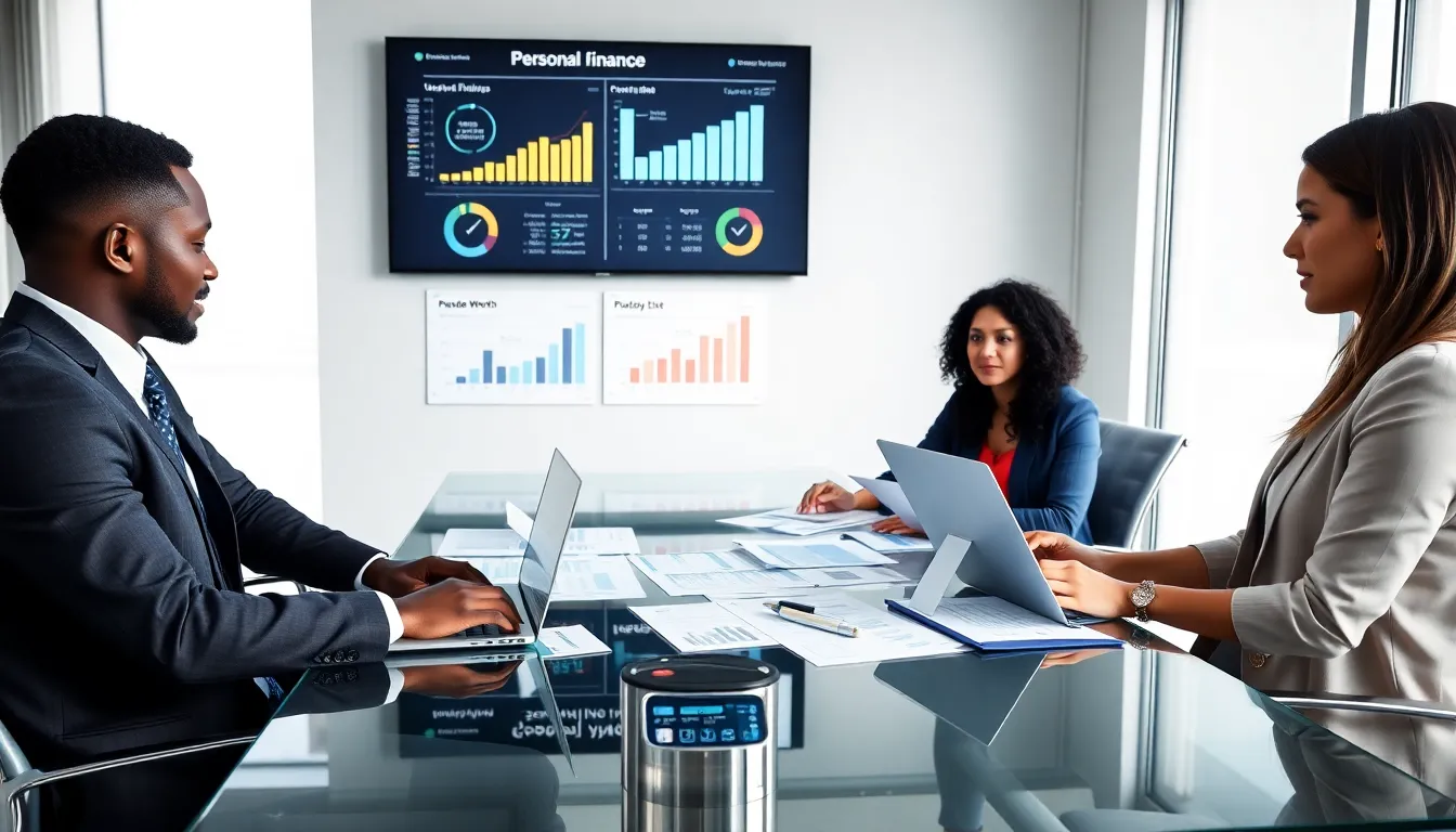 diverse financial advisors discussing personal finance in a modern office.